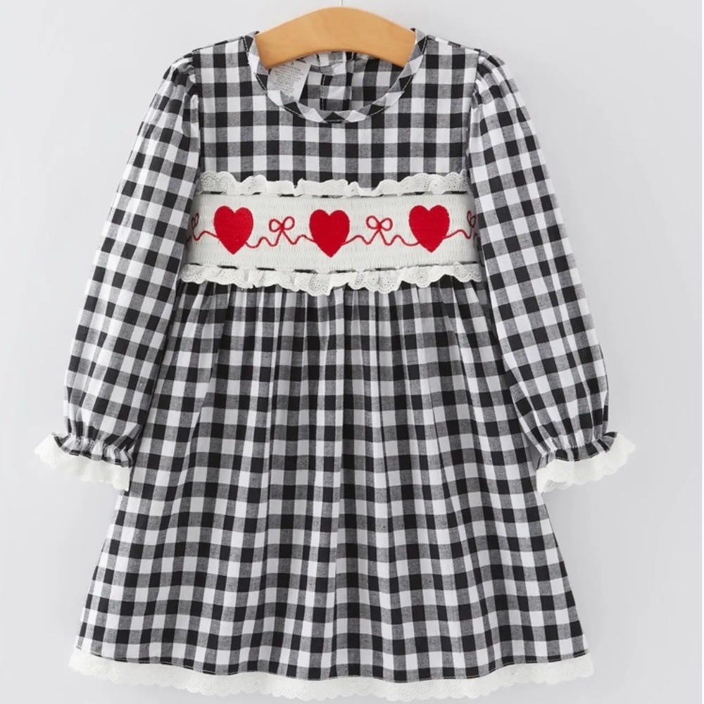 Black and White Plaid Smocked Heart Print Dress sizes 4 and 6